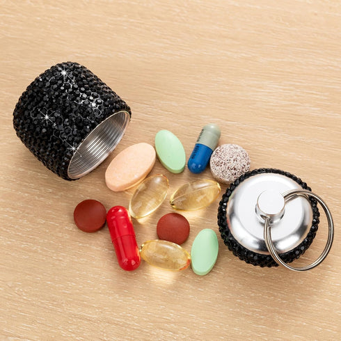 Bling Small Pill Organizer Travel Keychain Waterproof Pill Box for Purse, Portable Medicine Holder with Key Chain