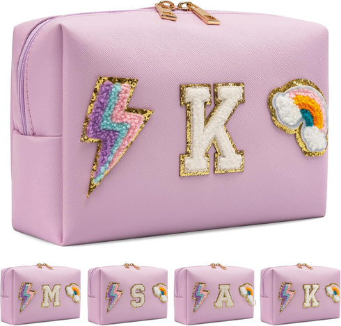 Preppy Makeup Bag, Monogram Initial Pink Cosmetic Pouch, Waterproof Travel Organizer, Birthday Gift for Daughter Women