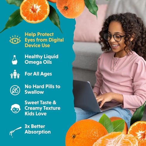 Barlean's Omega Pals Eye Health Liquid, Tangerine Flavored Omega 3 for Kids, 8 oz with 500 mg of EPA & DHA