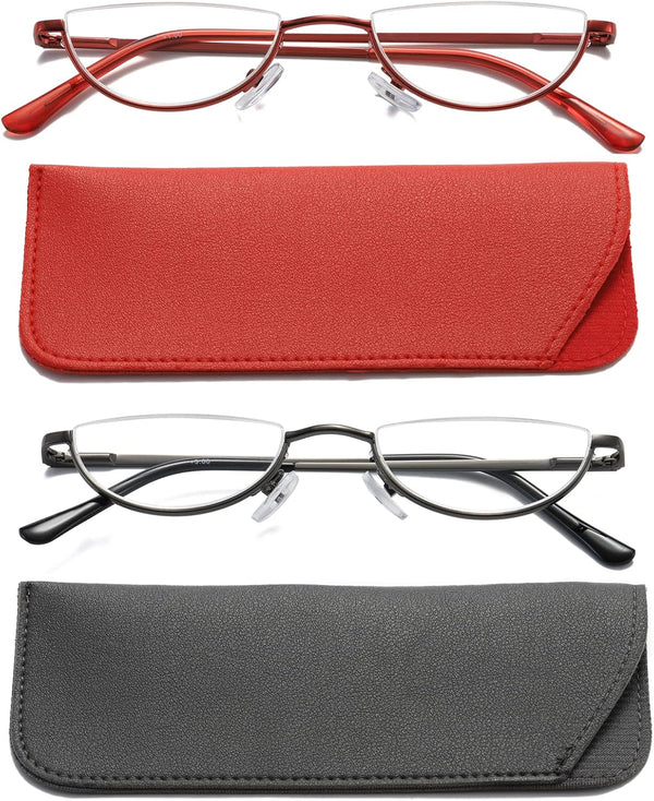 Viseng 2 Pack Vintage Alloy Half Moon Reading Glasses, Slim Half Frame Lens Readers +1.5