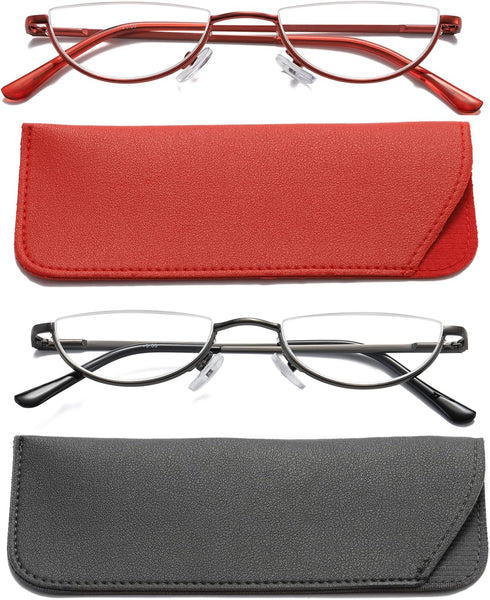 Viseng 2 Pack Vintage Alloy Half Moon Reading Glasses, Slim Half Frame Lens Readers, +2.5