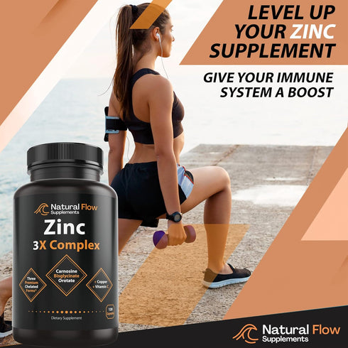 Zinc Supplement Complex with Copper and Vitamin C - Natural Flow 3X Zinc Carnosine, 120 Capsules, Immune Support