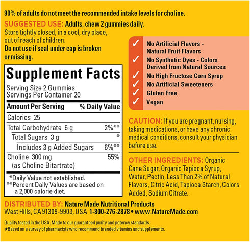 Nature Made Choline Supplements, 40 Vegan Gummies - Supports Liver Health, Nervous System & Brain Health