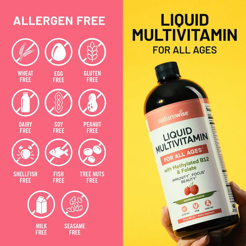 Immune B12 30 oz(887 mL) NatureWise Liquid Multivitamin for Women, Men of All Ages - Sugar Free, Vegan - Vitamins