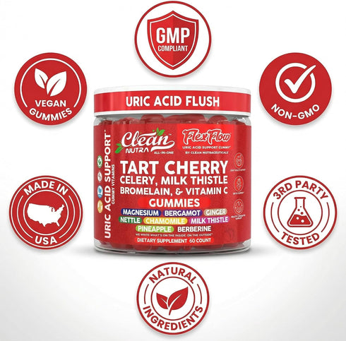 Gummies 60 Gummy Clean Nutra Tart Cherry Uric Acid Flush Celery Milk Thistle Bromelain Vitamin C Magnesium Citrus
