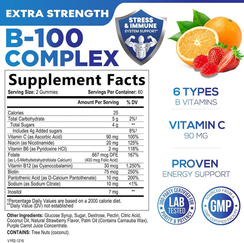 Super B Complex Gummies with Vitamin C & Folic Acid, Extra Strength Vitamin B Gummy Supplement with Niacin, B6, Folic Acid, B12, Biotin, Nature's Energy Immune Support Supplements - 120 Gummies