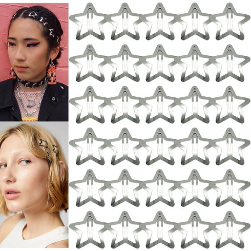 30 PCS Star Hair Clips, Non Slip Snap Hair Barrettes, 2000s Y2K Silver Metal Hair Accessories for Girls Women