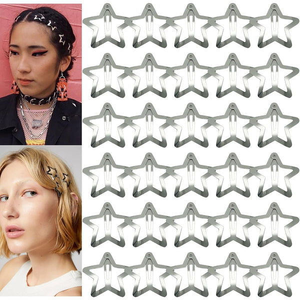 30 PCS Star Hair Clips, Non Slip Snap Hair Barrettes, 2000s Y2K Silver Metal Hair Accessories for Girls Women