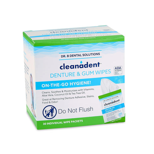 Dr. B Dental Solutions Cleanadent Wipes, Convenient Denture Cleaning Wipes, Refreshes Gums, 30 Pack
