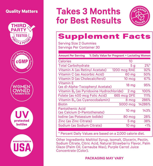 Pink Stork Postpartum Hair Loss Gummies, Biotin with Vitamin E, Postpartum Essentials for New Moms, 60 Gummy Vitamins