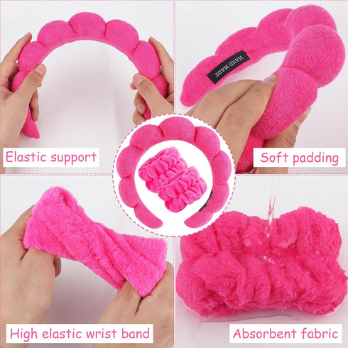 Spa Headband & Wristband Set for Washing Face - Soft Terry Cloth Bubble Hairband for Women, Hot Pink