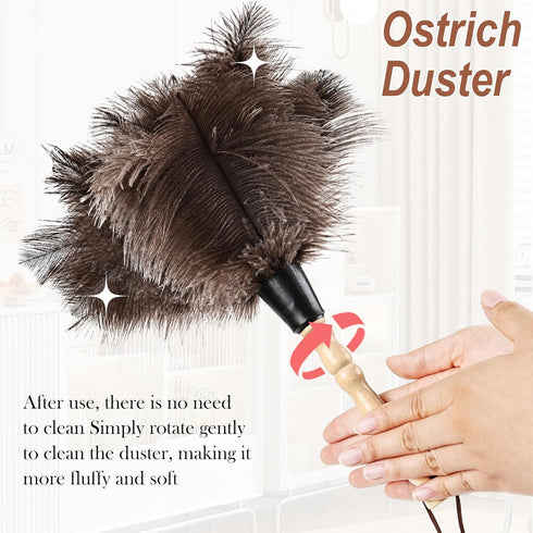 Ostrich Feather Duster Classic 14" with Wooden Handle, Eco-Friendly Reusable Handheld Cleaning Supplies for Home, Car
