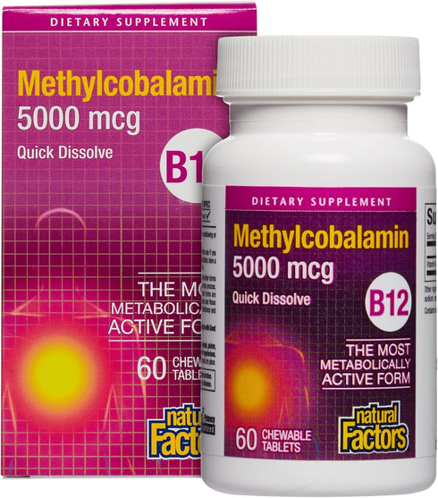 Natural Factors Vitamin B12 Methylcobalamin 5000 mcg, 60 Tablets, Chewable Support for Energy and Immune Health