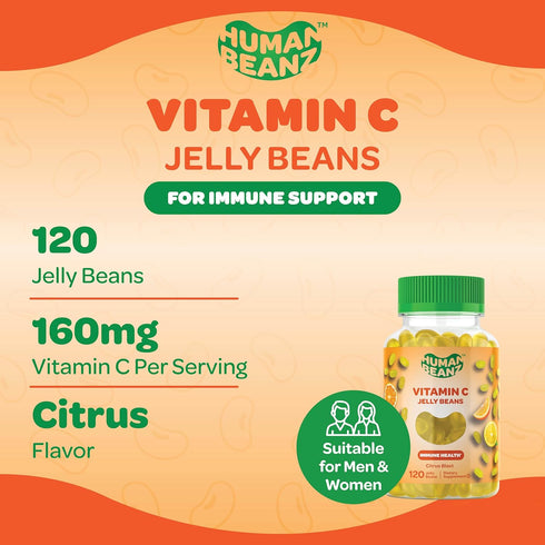 Vitamin C Jelly Bean Gummies for Adults, Immune Support Dietary Supplements, Vegetarian, 120 Citrus Blast Jelly Beans, Kosher