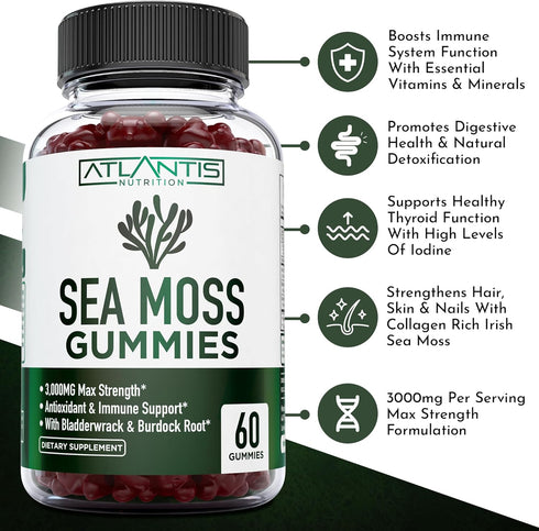 Irish Sea Moss Gummies - 3000MG - Formulated with Irish Sea Moss, Bladderwrack & Burdock Root. Rich in Essential Vitamins & Minerals - Rich in Antioxidants - Advanced Superfood Supplement - 60 Gummies