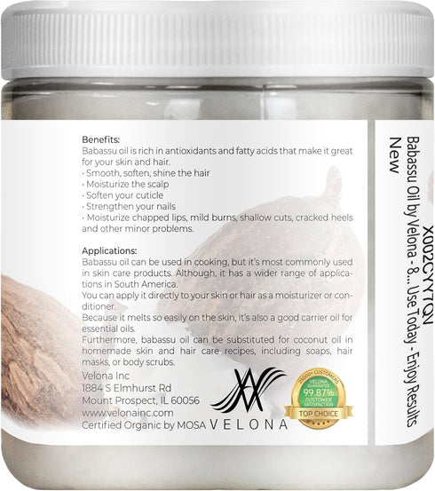 velona Babassu Oil USDA Certified Organic - 8 Fl Oz | 100% Pure Natural Carrier Oil for Face, Hair, Body & Cooking