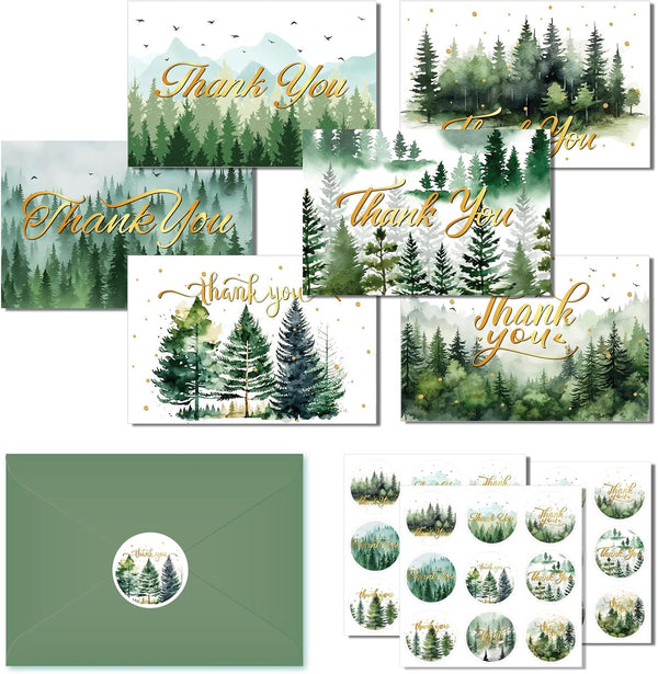 KTHONIOMANTE 24 Pack Green Forest Thank You Cards with Envelopes & Stickers -