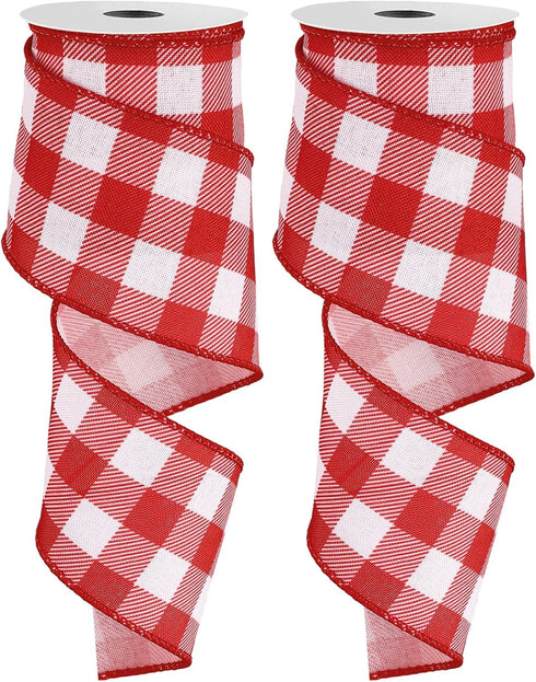Wired Edge Plaids Ribbon, Whaline 2 Rolls, Buffalo Check Ribbon, 2.5 Inch for DIY Gift Wrapping