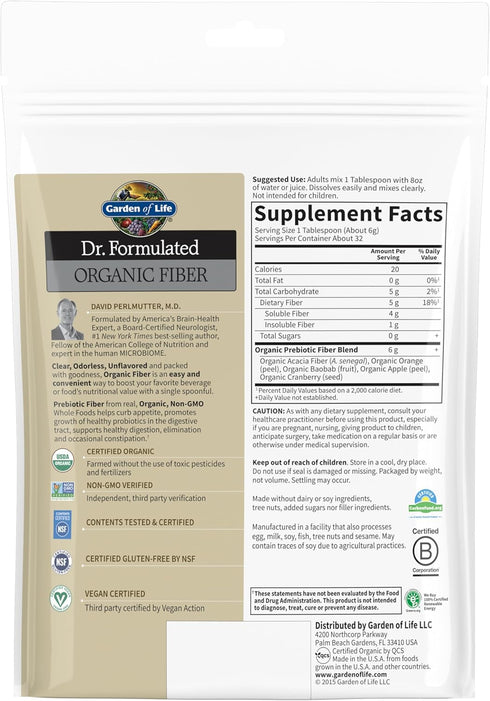 Garden of Life Dr Formulated Organic Fiber Supplement Powder, Unflavored, 32 Servings