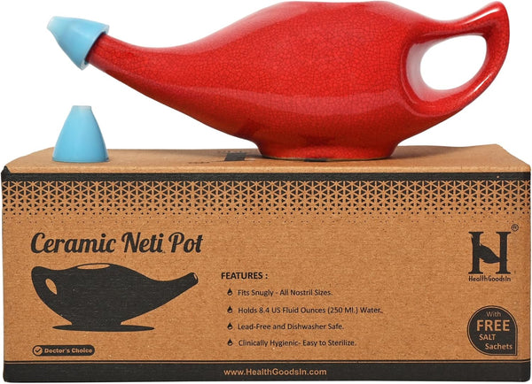 HealthGoodsIn Premium Handcrafted Ceramic Neti Pot - Nasal Cleansing, Dishwasher Safe with 2 Silicone Nozzle Tip