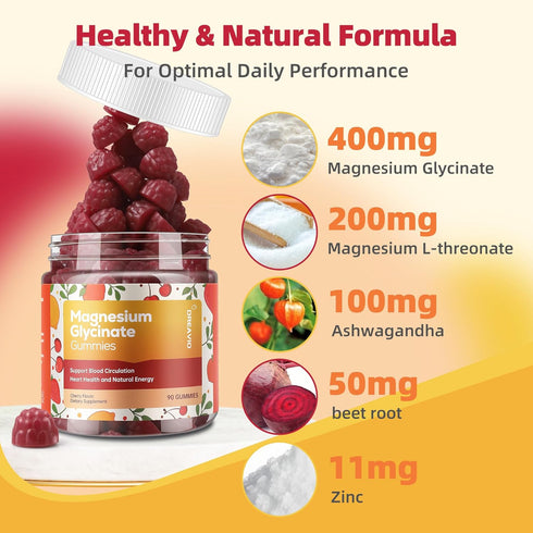 90 Count Magnesium Glycinate Gummies 400mg w/Magnesium L-Threonate & Ashwagandha Supplement - Sugar Free Zinc Magnesium Glycinate Supplement Ashwagandha Gummies for Adults