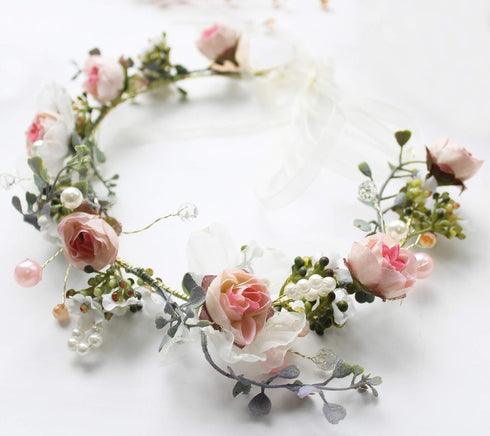 Rose Flower Crown Boho Headband, Floral Halo Headpiece with Ribbon for Wedding Party, Pink