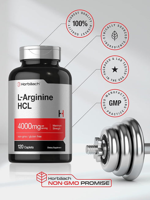 Horbaach L-Arginine 4000mg | 120 Vegetarian Caplets | Maximum Strength Nitric Oxide Precursor, Gluten Free Supplement