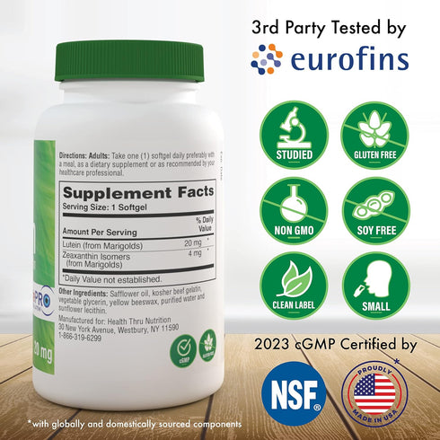 Health Thru Nutrition Lutein 20mg with Zeaxanthin 4mg | Marigold Extract in Nature Identical 5:1 Ratio | Supports Healthy Eye, Skin and Brain Function | Non-GMO Soy & Gluten Free (Pack of 60)