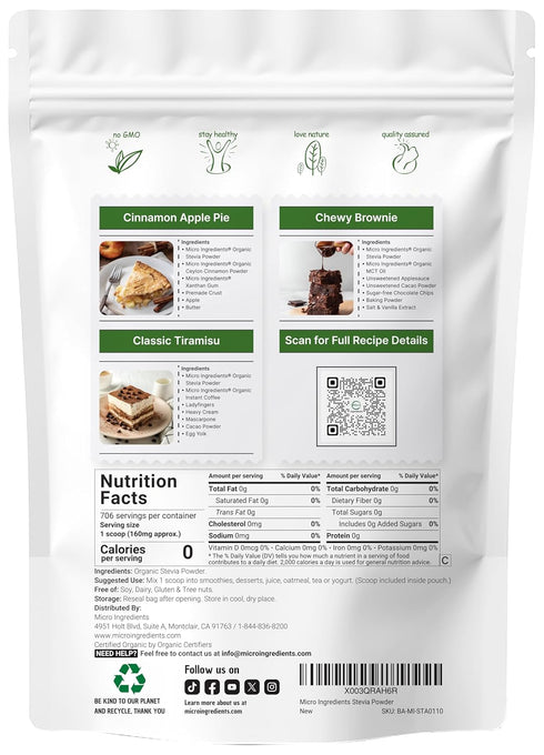 Pure Organic Stevia Powder, 4 Ounces, 706 Servings, Natural Sweetener, Sugar Alternative, Keto Friendly