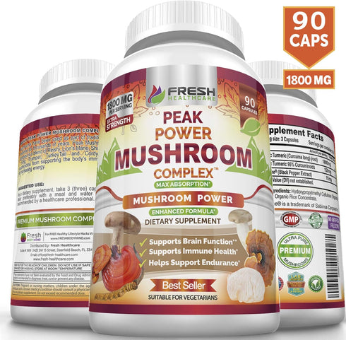 FRESH HEALTHCARE Mushroom Supplement, Lions Mane, Cordyceps, Reishi, Turkey Tail, 90 Vegan Capsules