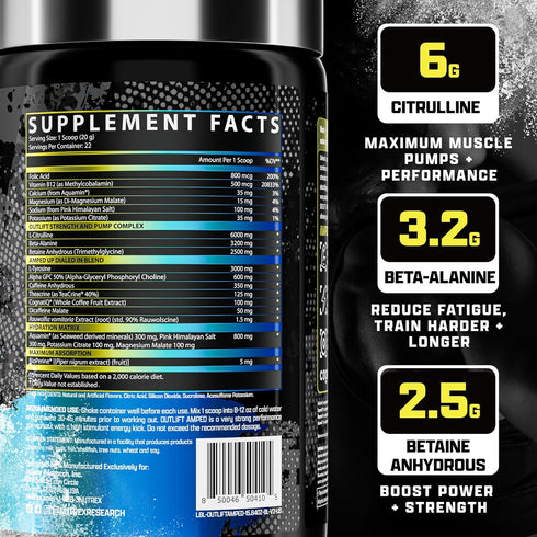 OUTLIFT Amped Max Dosed HIGH STIM Pre Workout Powder - 6G Citrulline, 3.2G Beta Alanine, Blueberry Lemonade, 22 Servings