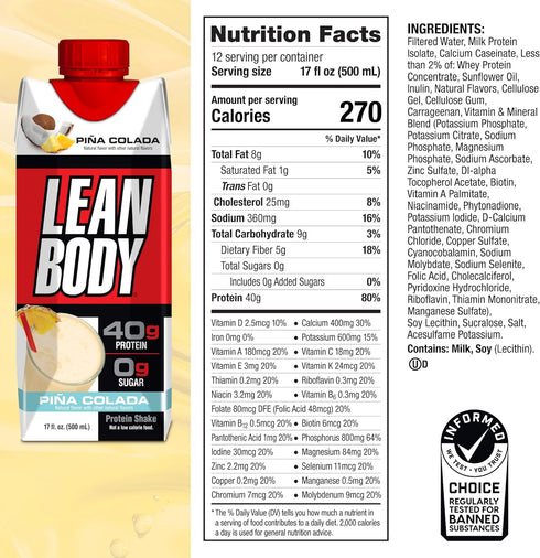 Lean Body Ready-to-Drink Pina Colada Protein Shake, 40g Protein, Whey Blend, 0 Sugar, Gluten Free, 22 Vitamins &
