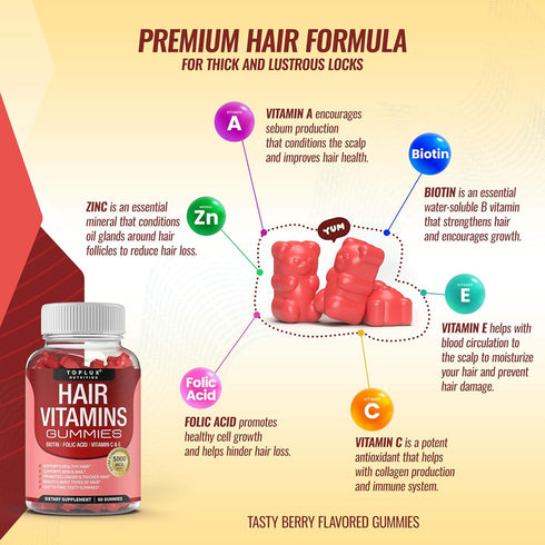 Gummies Gummy 5000mcg 60 Gummies Hair Vitamins Supplement Faster Hair Growth Biotin, Folic Acid, Vitamin C & E, Support