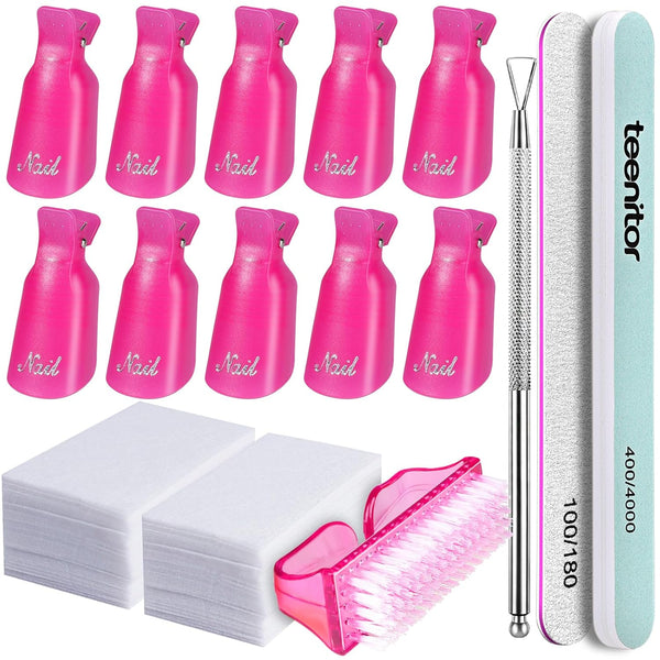 Teenitor Gel Nail Polish Remover Kit, 10pcs Remover Clips, 115pcs Nail Wipe Pads, Hot Red
