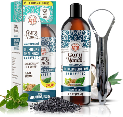 GuruNanda Advanced Oil Pulling - Natural Alcohol-Free Mouthwash with Coconut Oil, Vitamins D & E for Healthy Gums