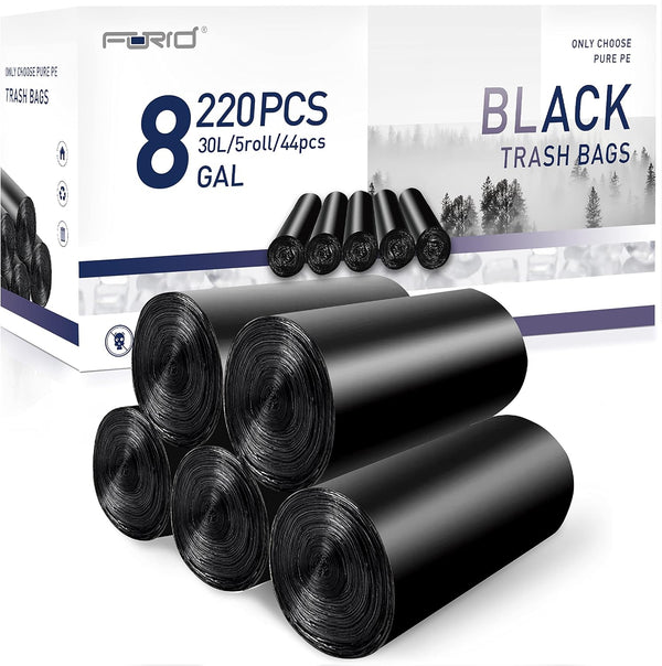 FORID Medium Kitchen Trash Bags - 8 Gallon Black Garbage Bags, 220 Count, Durable Plastic Wastebasket Bags