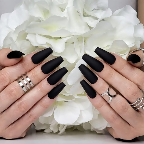 Hypnaughty 24 Pcs Noir Black Matte Luxury Coffin Press on Nails with Glue, Medium Long Solid Black Color