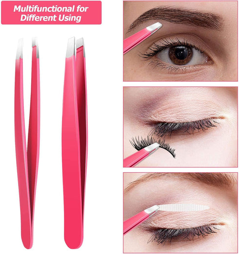 Mudder 12 Pcs Eyebrow Tweezers Set, Stainless Steel Slanted Tip Tweezers in Bulk for Men and Women, Rose Red