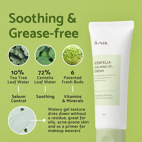 IUNIK Centella 70% Calming Gel Cream, Vegan Non-Sticky Moisturizing Blemish Care for Oily & Sensitive Skin