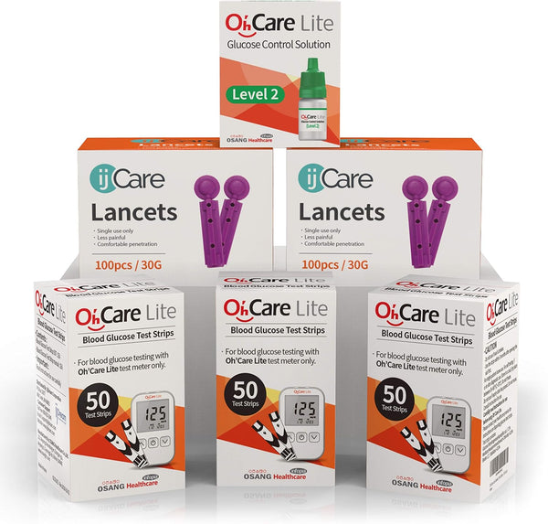 Oh’Care Lite Blood Sugar Testing Monitor – Glucose Test Strips, Lancets, Control Solution for Diabetic Supplies