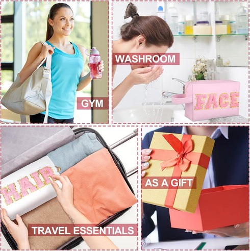 Sotiff 3 Pcs Preppy Patch Makeup Bag - Waterproof Travel Toiletry Bag for Women with Handle