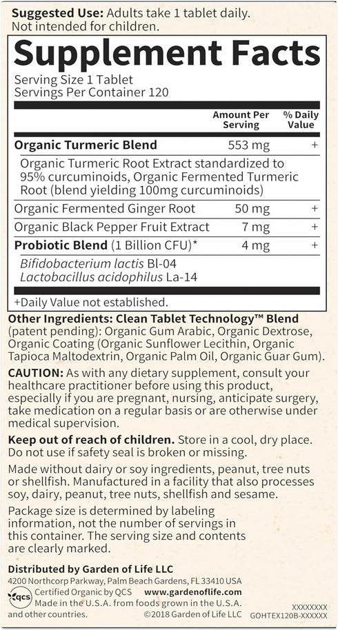 Garden of Life Organics Extra Strength Turmeric - 120 Tablets with 100mg Curcumin, Black Pepper, Probiotics
