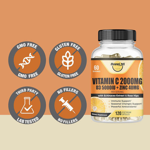 Vitamin C 2000MG, Zinc 40 mg, Vitamin D3 5000 IU, Echinacea Extract, 120 Vegan Caps, Immune Support for Adults & Kids