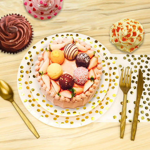 176 Pieces Gold Disposable Party Dinnerware Set, Black Paper Plates, Napkins, Cups, Gold Plastic Utensils