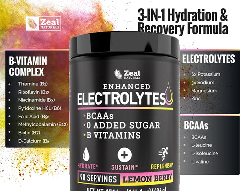Zeal Naturals Electrolyte Powder Recovery Drink - 90 Servings Lemon Berry with BCAAs & B-Vitamins