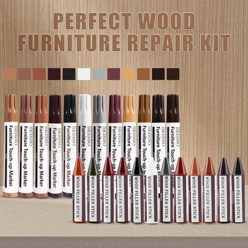 SEISSO 12 Colors Furniture Repair Kit - Touch-up Markers and Wood Fillers for Stains, Scratches, Upgrade Furniture Kit