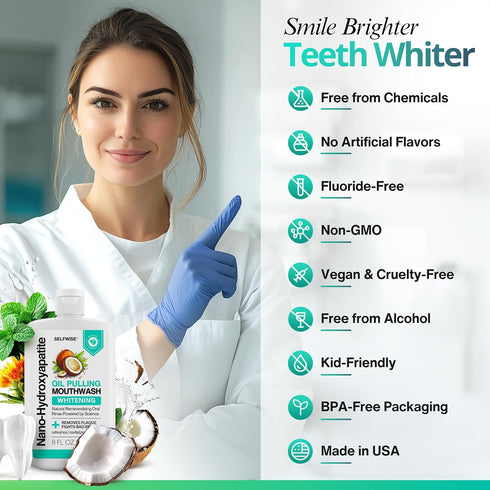 SELFWISE 8oz Nano-Hydroxyapatite Oil Pulling Whitening Mouthwash for Teeth and Gums, Natural & Organic, Whitens Teeth