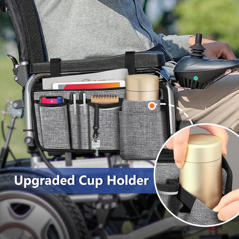 FINPAC Wheelchair Side Storage Bag w/Cup Holder, Wheelchair Armrest Accessories Pouch with Pen Slot and Reflective