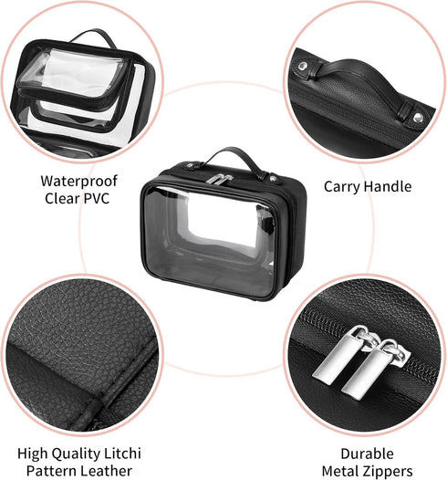 GRANNY SAYS TSA Approved Clear Makeup Bag, Portable Leather Travel Toiletry Bag for Women, Small Organizer (Black)