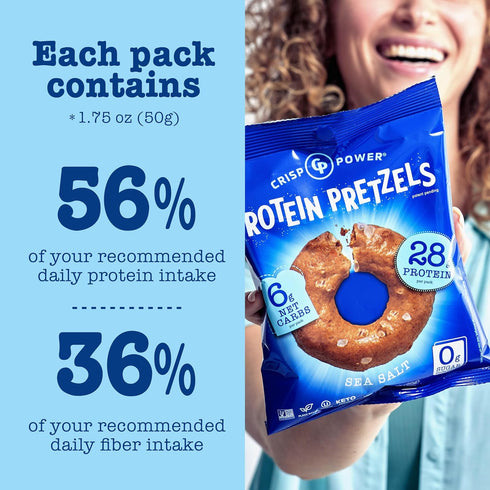 Crisp Power High Protein Pretzel Crisps, 6 Pack x 1.75 oz, Crunchy & Flavorful Plant-Based Snack, 28g Protein Per Pack